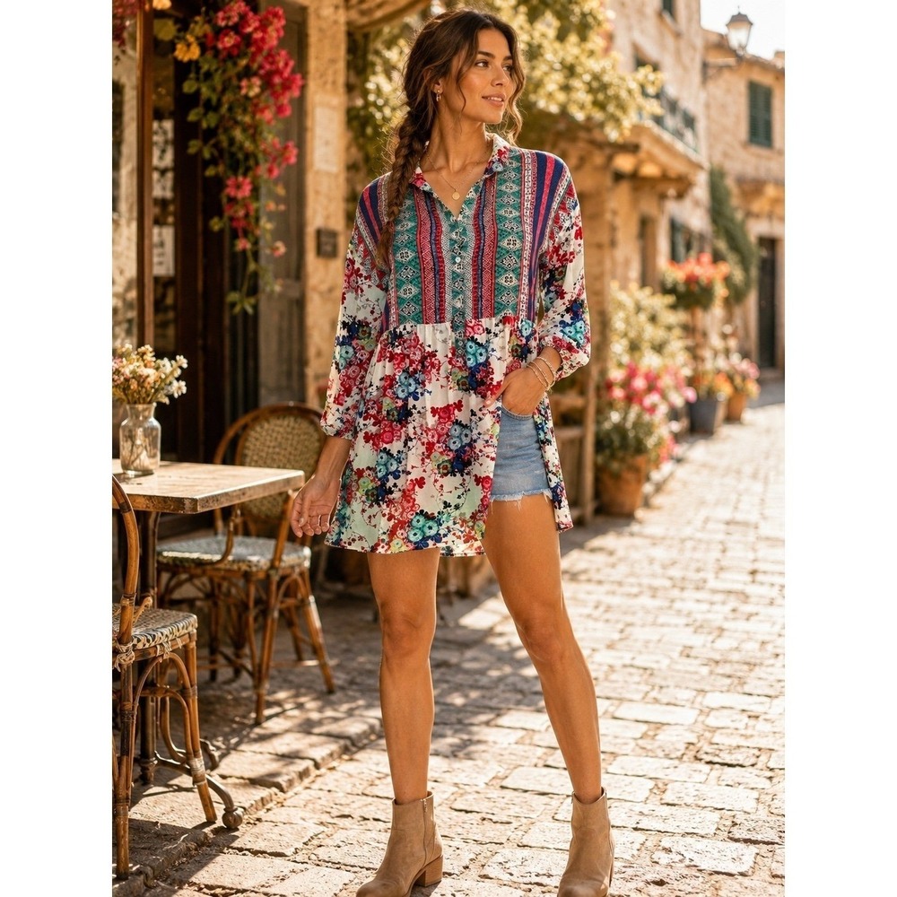 Michael Michael Kors Floral Mixed Print Boho Tunic Top Size S